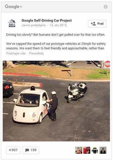 Googleov samovozeći auto zaustavili zbog 'spore vožnje'